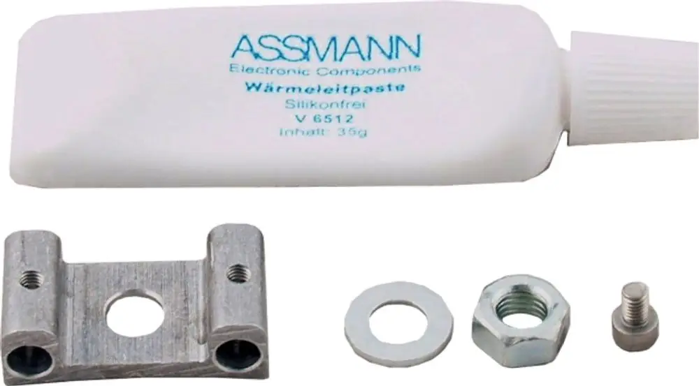 Grau-metallische Halterung mit zwei Bohrungen, begleitet von einer Tuben Wärmeleitpaste, einer Unterlegscheibe, einer Mutter und einer Schraube, für Wolf Produkte geeignet.